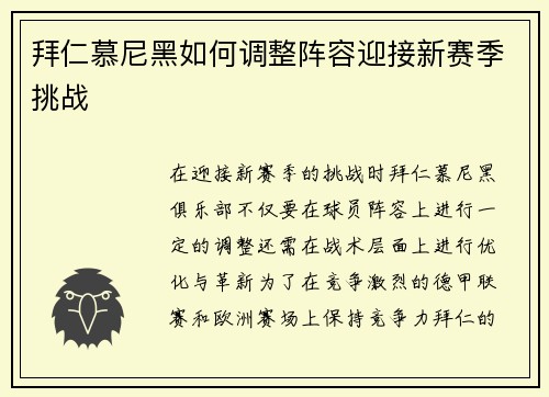 拜仁慕尼黑如何调整阵容迎接新赛季挑战