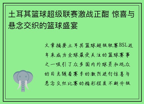 土耳其篮球超级联赛激战正酣 惊喜与悬念交织的篮球盛宴