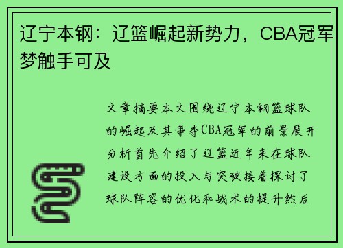 辽宁本钢：辽篮崛起新势力，CBA冠军梦触手可及