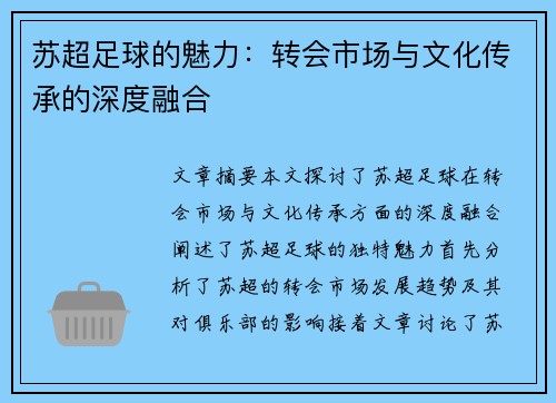 苏超足球的魅力：转会市场与文化传承的深度融合